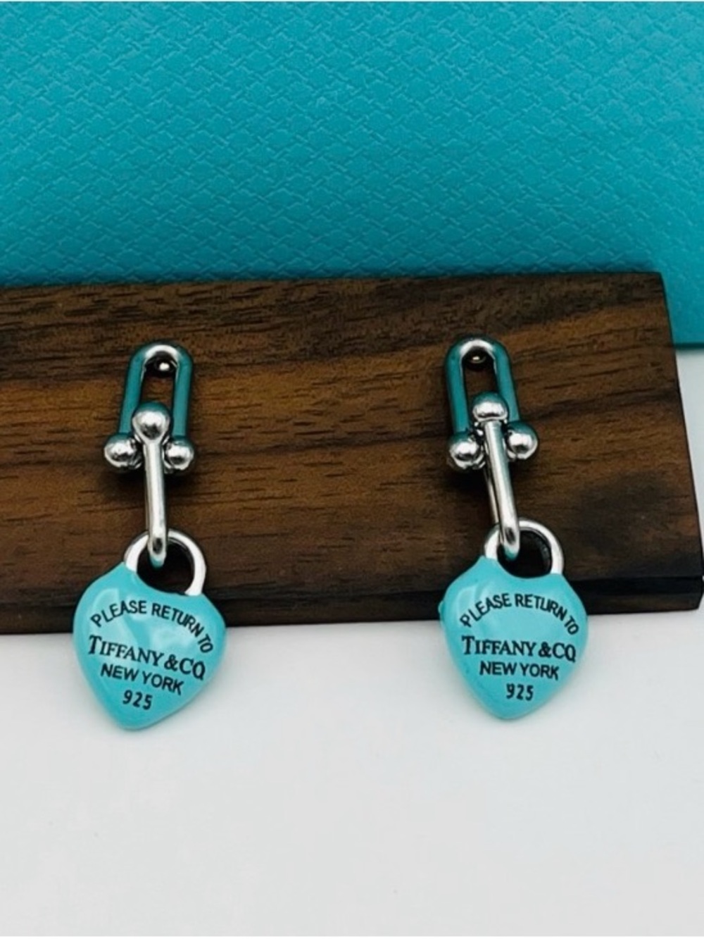 Blue chain link Heart Drop Earrings